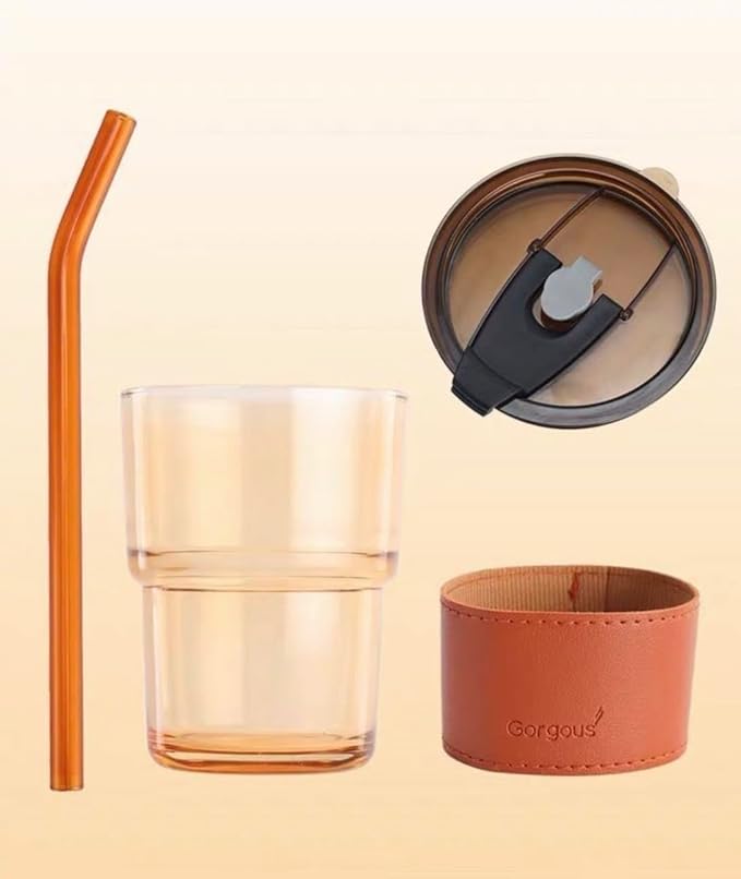 GORGOUS slub glass smoothie cup with straw and leather cover
