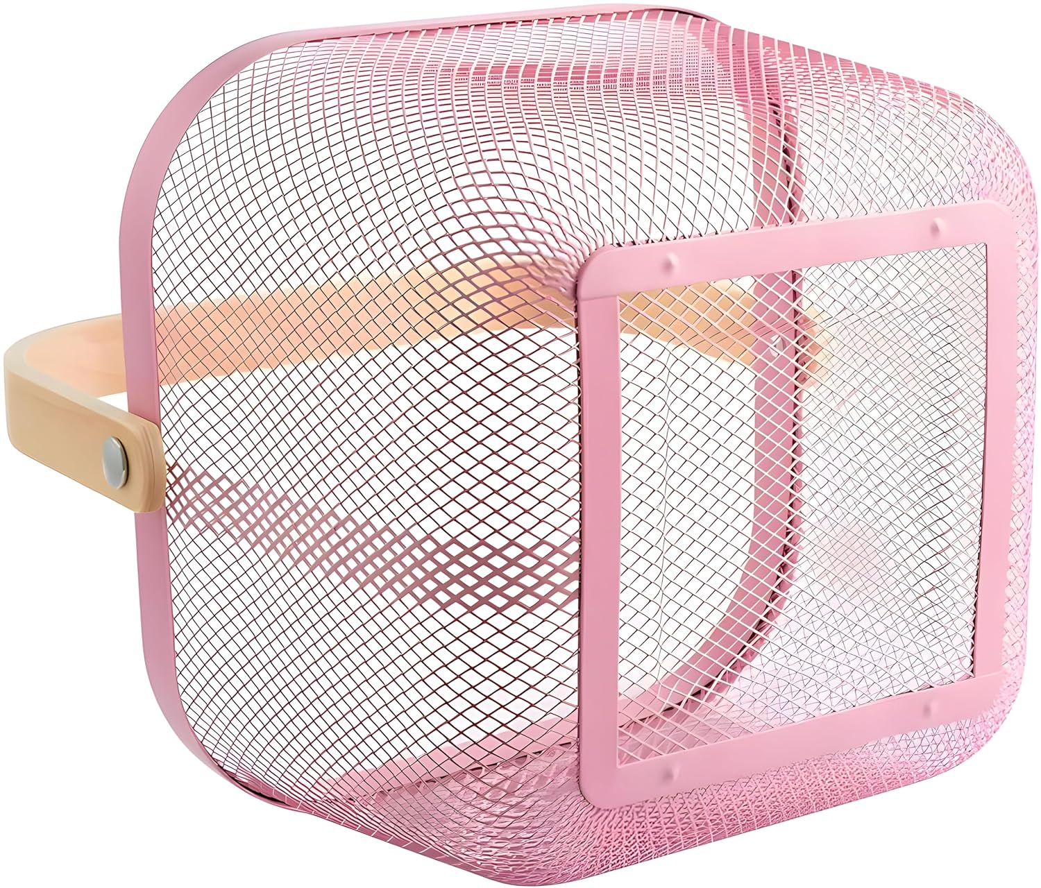 Mesh Steel Basket with Wooden Handle-Square Pink