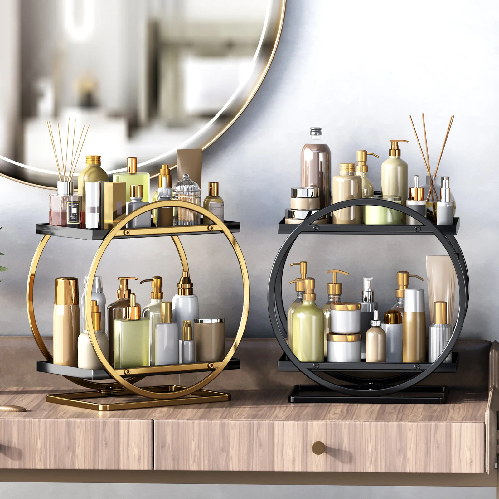 LIGHT LUXURY BATHROOM SHELF RACK COSMETICS ORGANIZER FOR DRESSING TABLE - CIRCLE SHAPE