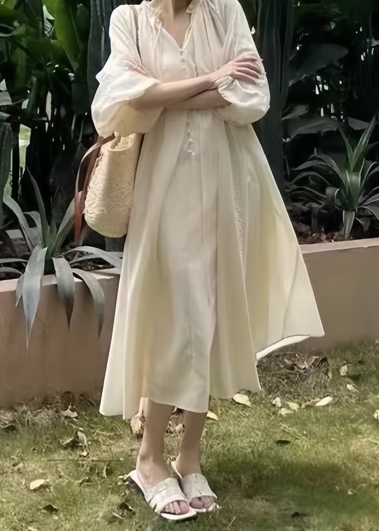 Loose Pink Ruffled Lace Up Cotton Long Dress Lantern Sleeve