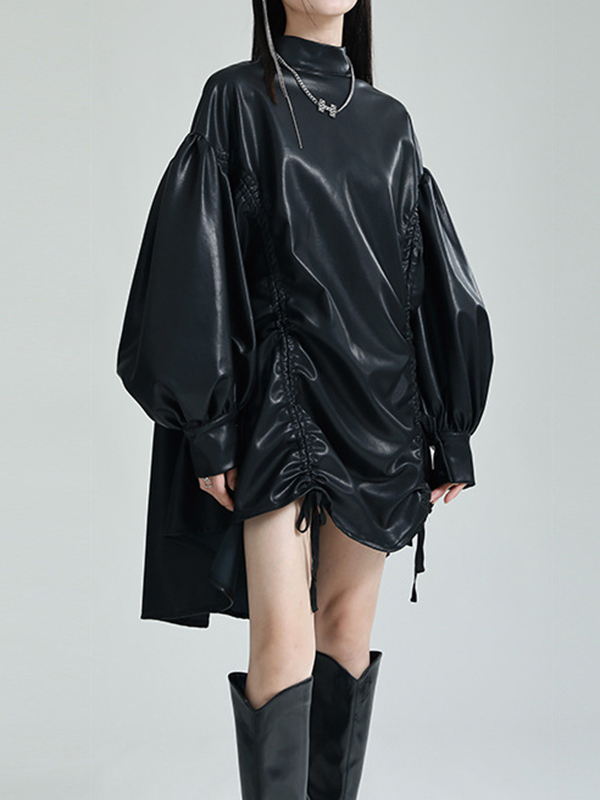 High-Low Long Sleeves Drawstring Pleated Solid Color Stand Collar Mini Dresses