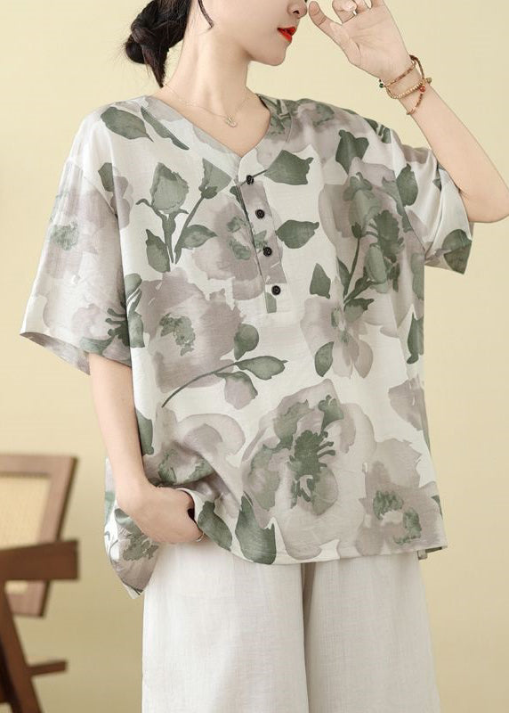 Plus Size White Print Button T Shirt Summer