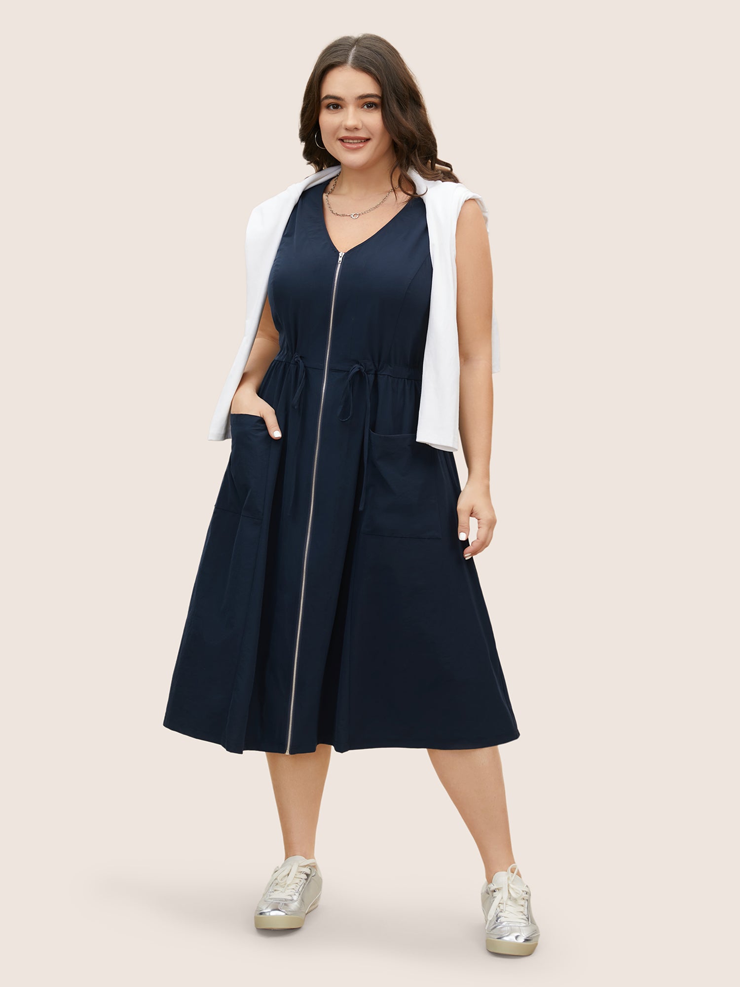 Solid Zip Front Patch Pocket Sleevless Dress