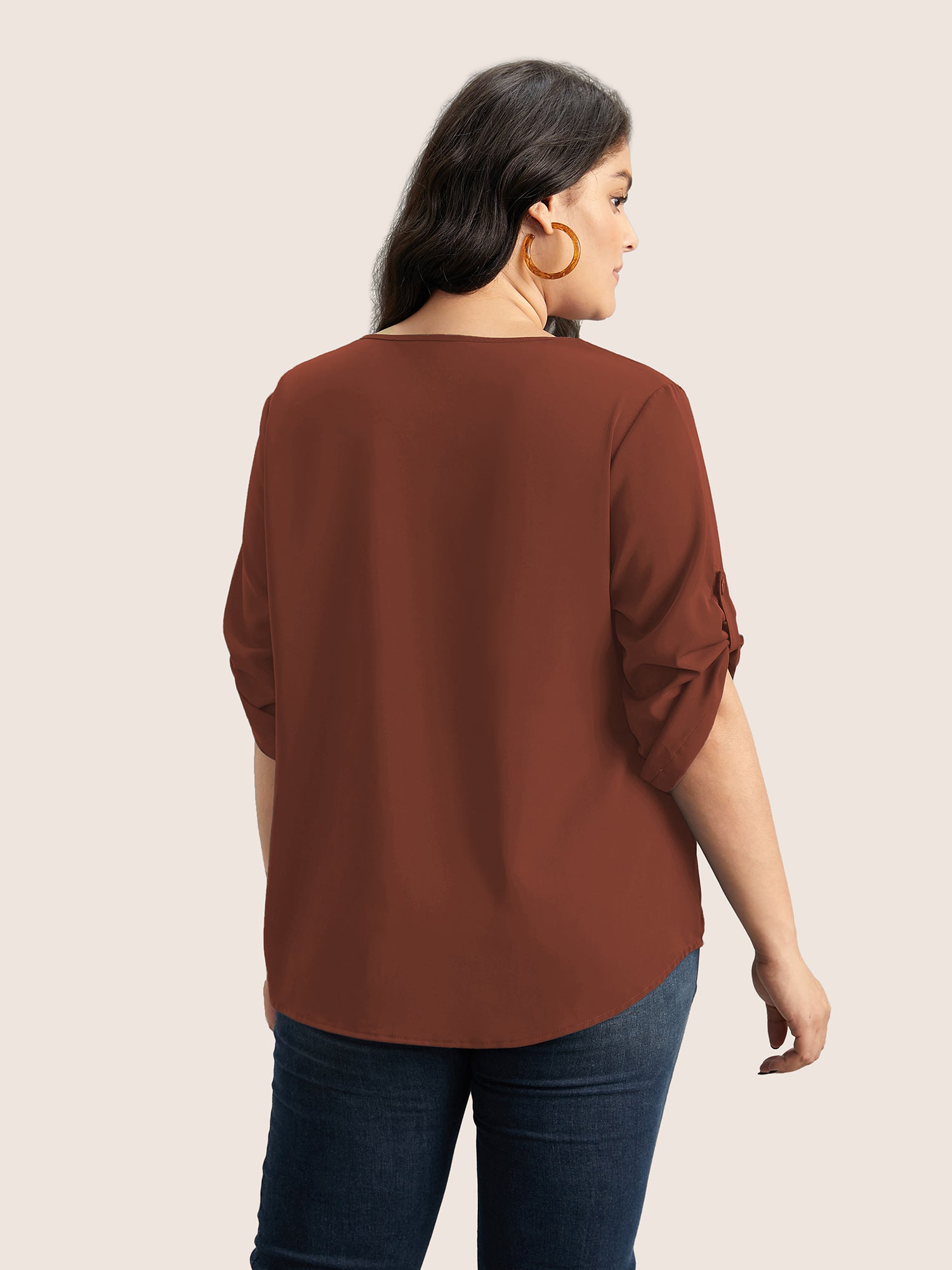 V Neck Plain Pleated Tab Sleeve Blouse