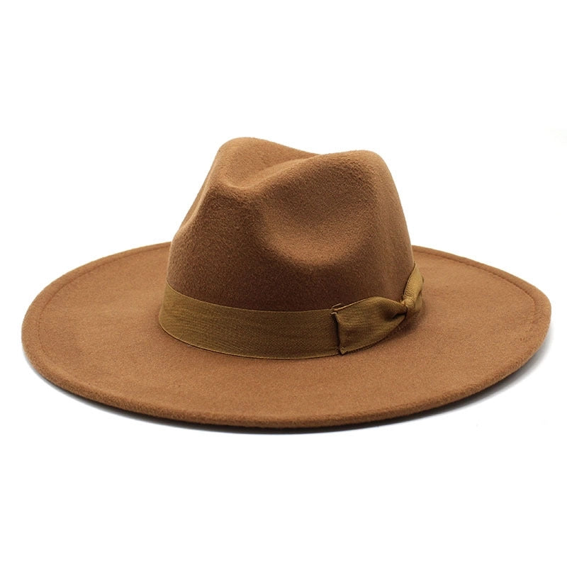 Unisex Basic Vintage Style Solid Color Bowknot Big Eaves Flat Eaves Fedora Hat