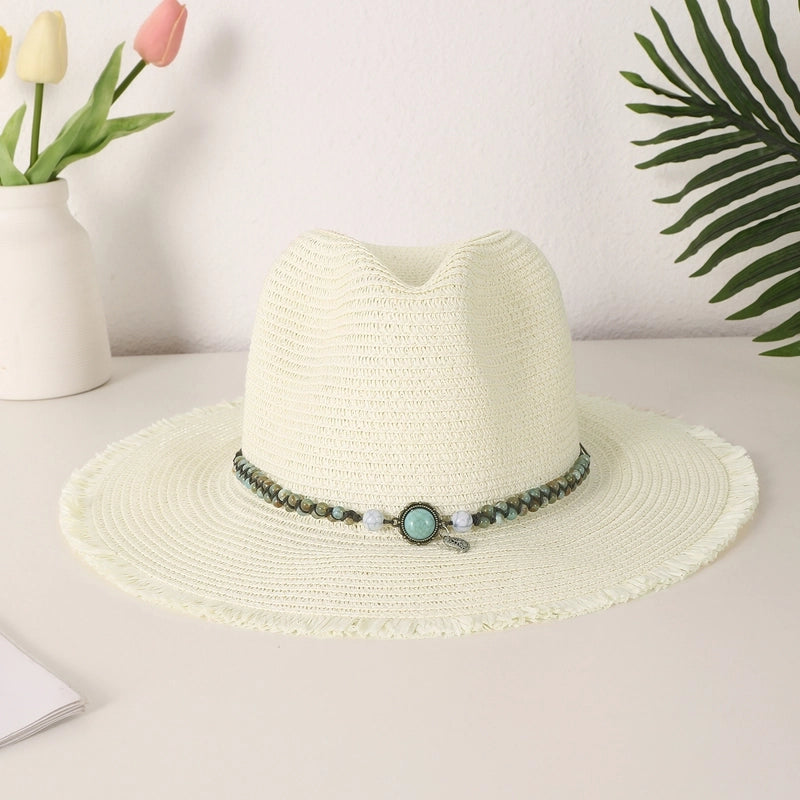 Women's Casual Vacation Beach Solid Color Beaded Big Eaves Straw Hat