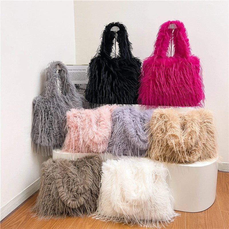 Large Capacity Plush Bag Women's Western Style Tassel Shoulder Bag Tote Bag Furry Bag