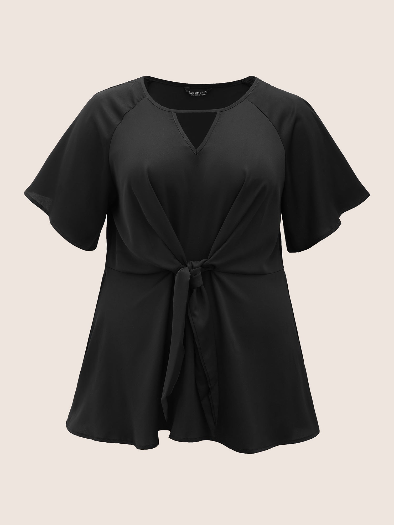 Plain Keyhole Knotted Front Ruffle Sleeve Blouse
