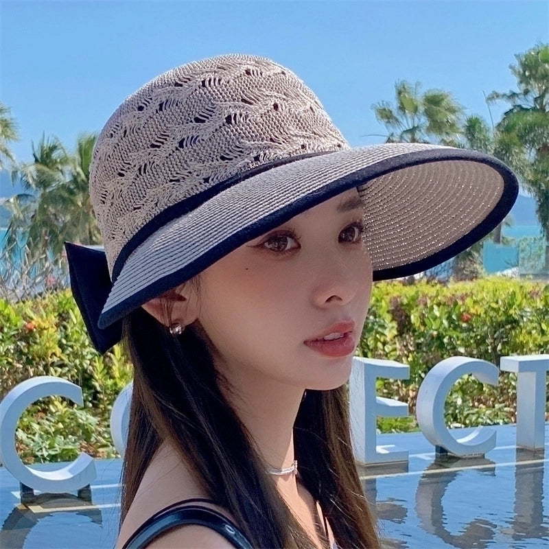 Women's Elegant Pastoral Minimalist Solid Color Bowknot Hollow Out Wide Eaves Sun Hat