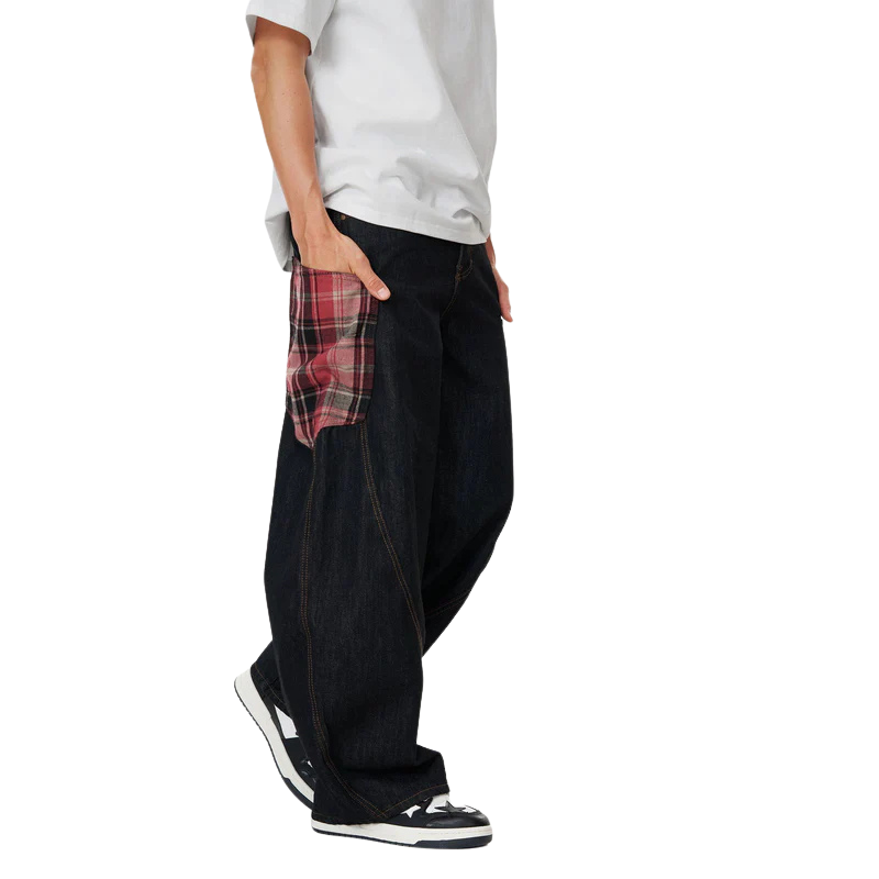 Plaid Pocket Barrel Jeans