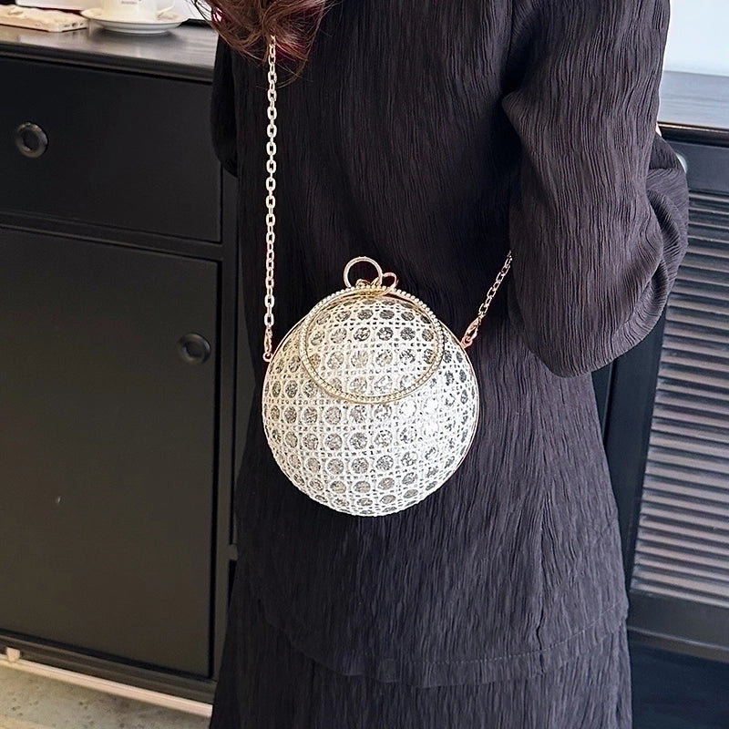 White Pink Gold Pu Leather Solid Color Sequins Round Evening Bags