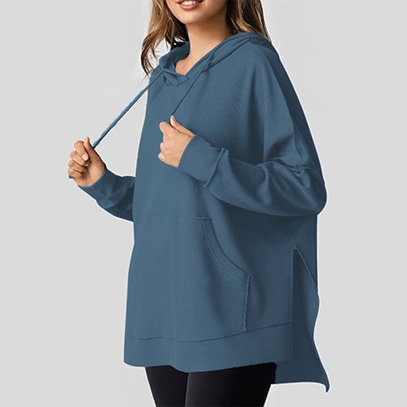 💥Hot Sales - 49% OFF✨Women's Casual Long Sleeve Waffle Knit Hoodie with Side Slits