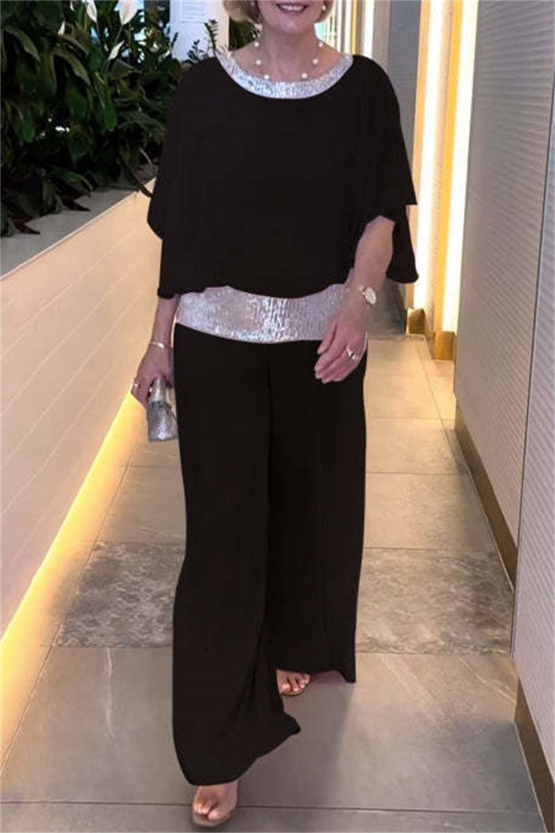 Casual Solid Color Sequins Patchwork O Neck Half Sleeve Two Pieces