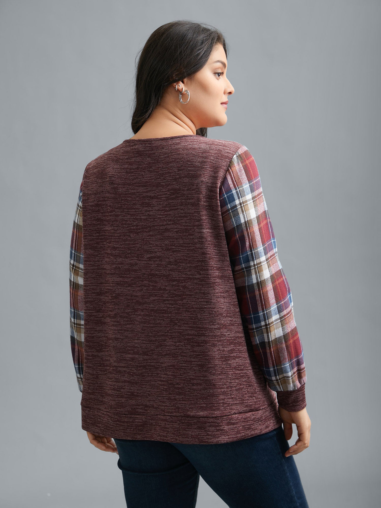 Plaid Sleeve Button Up Patchwork Sweatshirt