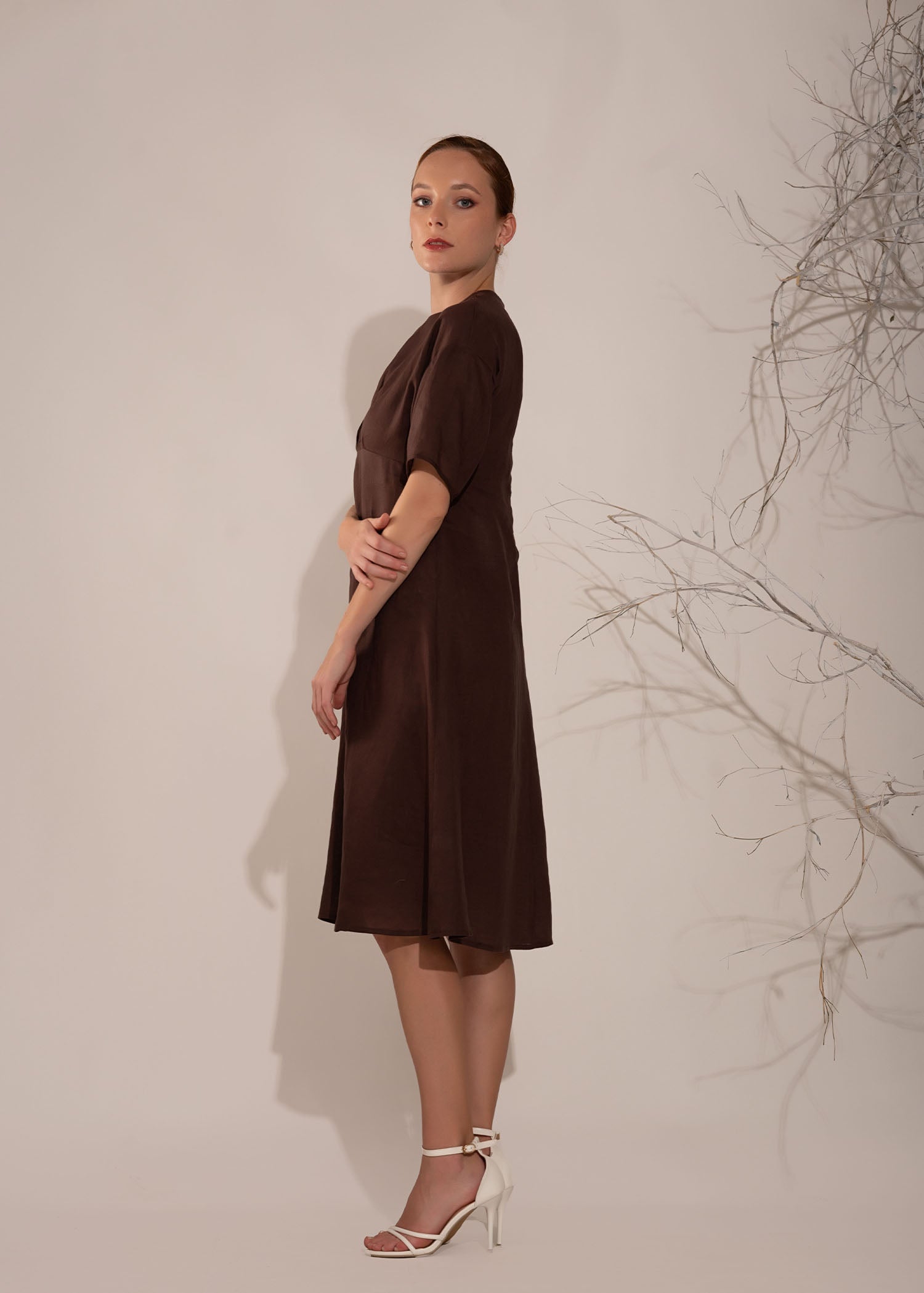 Round Neck Dress With Front Gathers