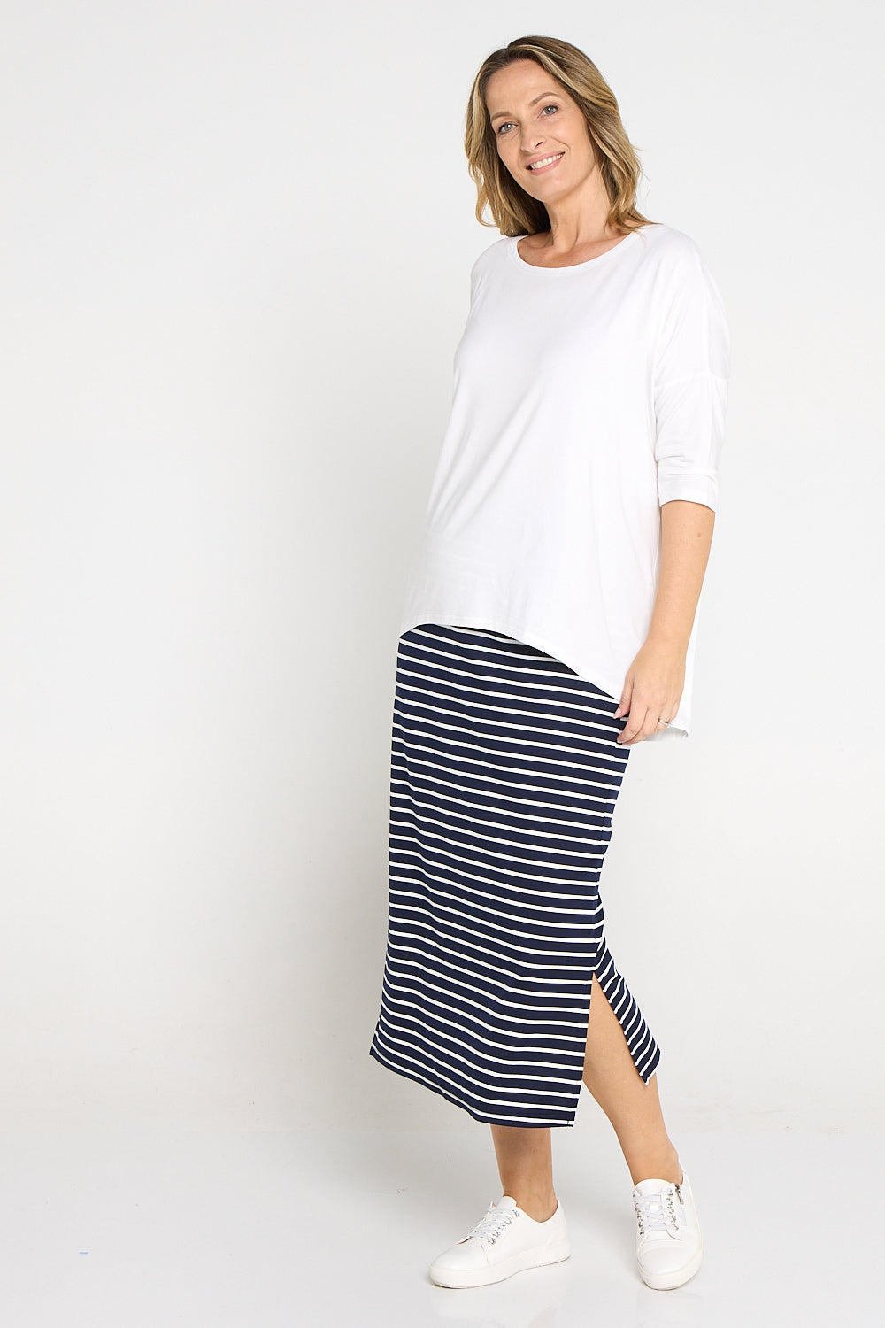 Charlize Column Skirt - Navy/White Stripe