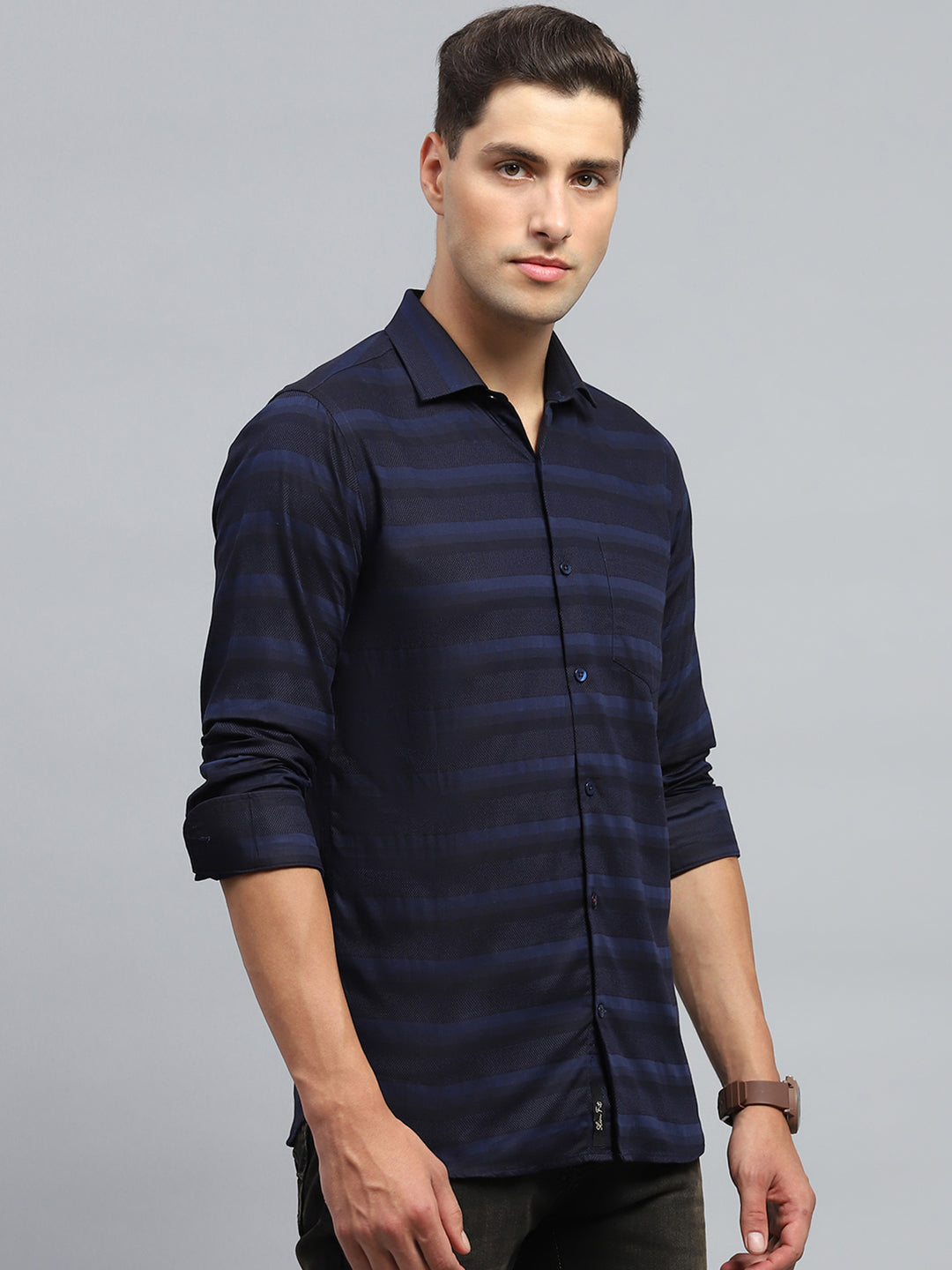 Men Navy Blue Stripe Collar Full Sleeve Shirt