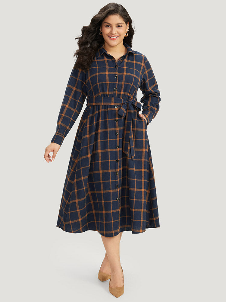 Plaid Shirt Collar Button Fly Belted Dress