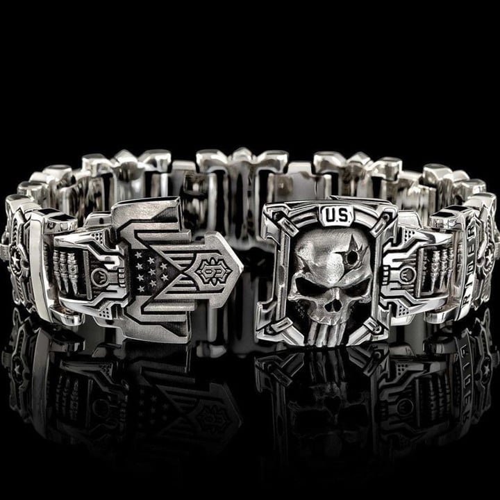 47% OFF HOT SALE-Armed Forces Destiny Struggle Skull Interlock Silver Bracelet