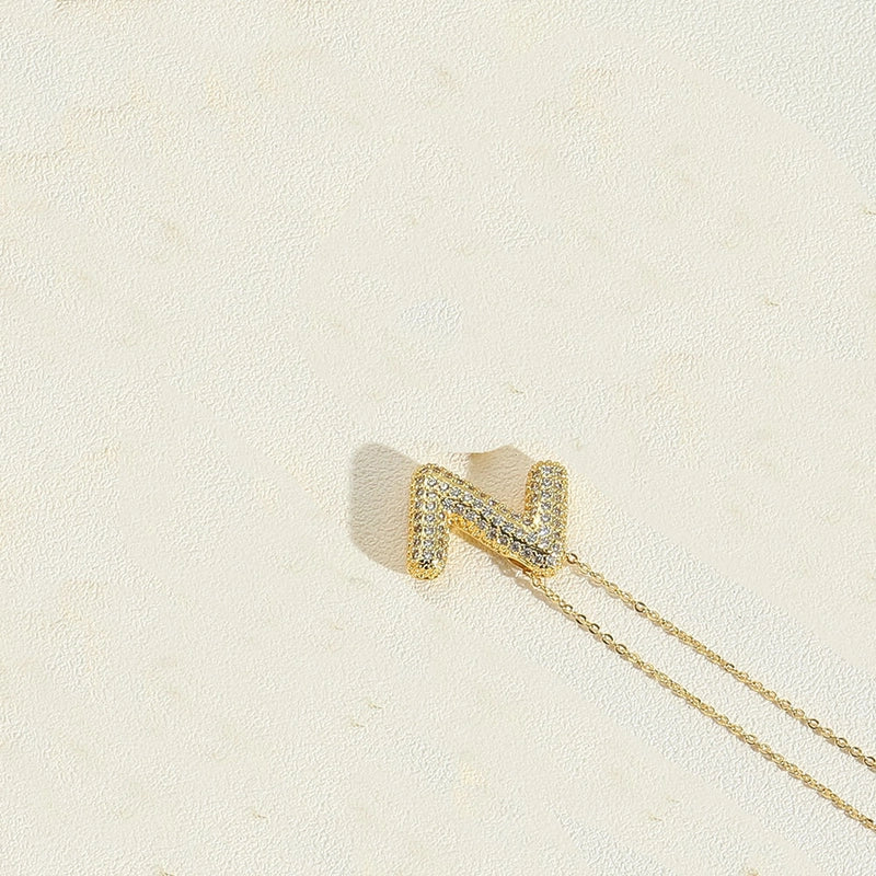 Copper 14K Gold Plated Minimalist Inlay Letter Zircon Pendant Necklace