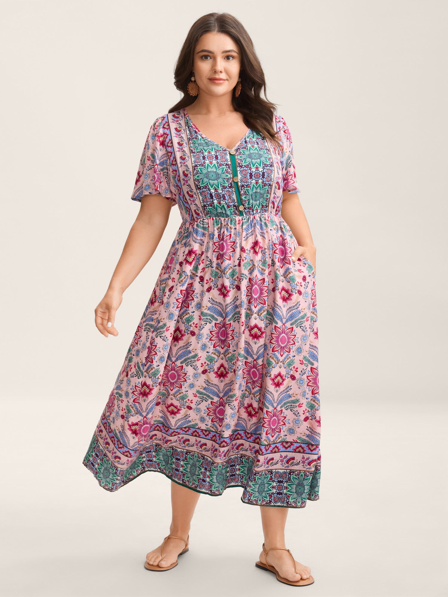 Rayon Floral Print A-Line Buttons Midi Dress