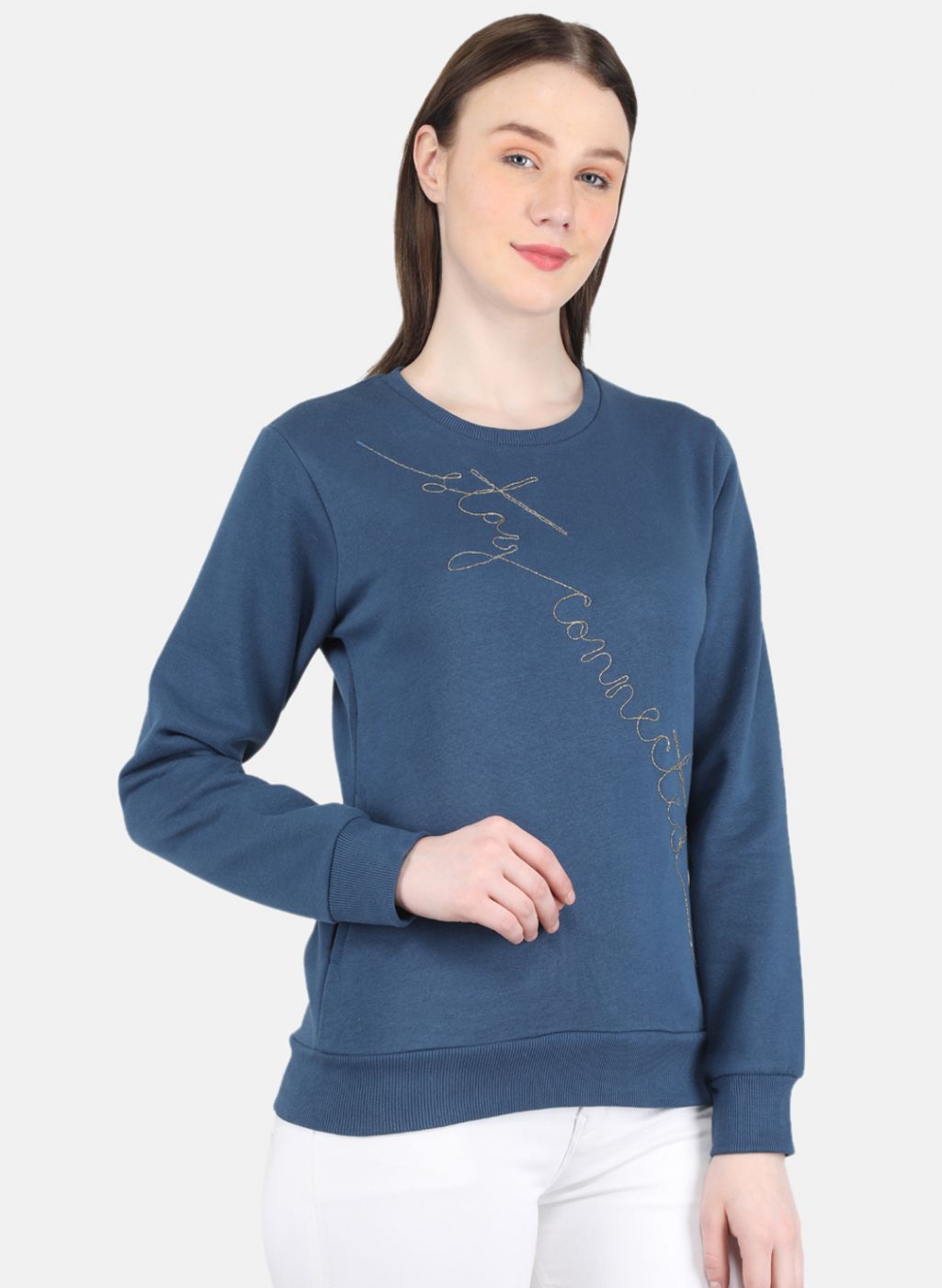 Women Blue Embroidered Round Neck Full Sleeve Sweatshirt