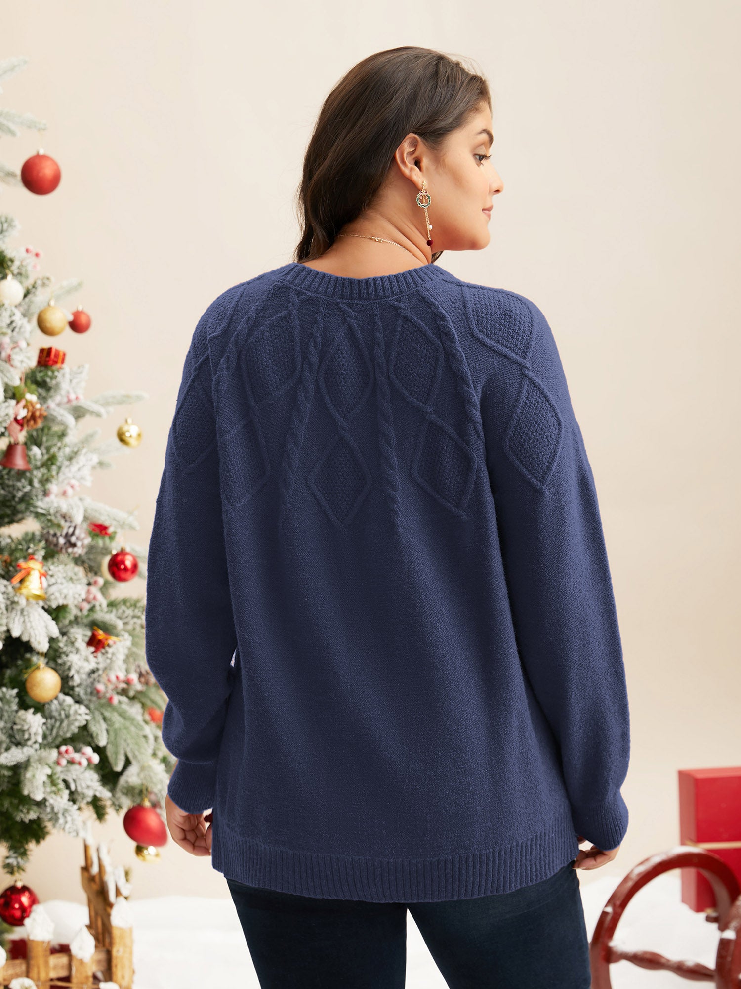 Cable Knit Bodice Crew-Neck Pullover