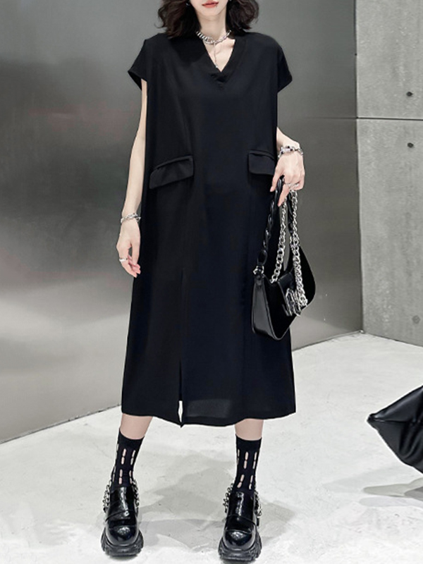 Loose Short Sleeves Asymmetric Solid Color Split-Joint Split-Side V-Neck Midi Dresses