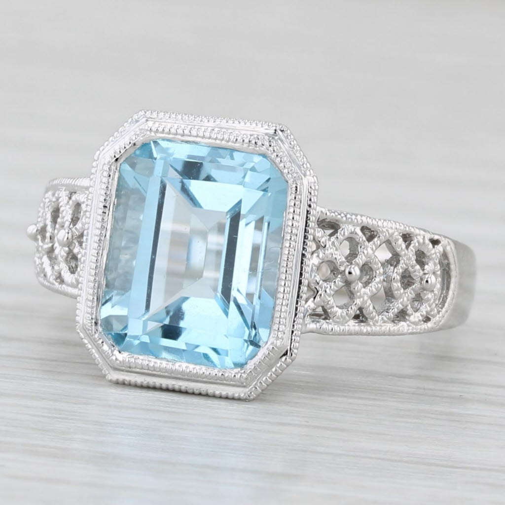 6.45ct Blue Topaz Solitaire Filigree Ring 14k White Gold Size 7