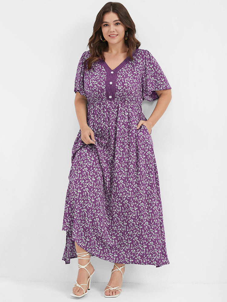 Ditsy Floral Button Lace Pocket Split Ruffles Maxi Dress