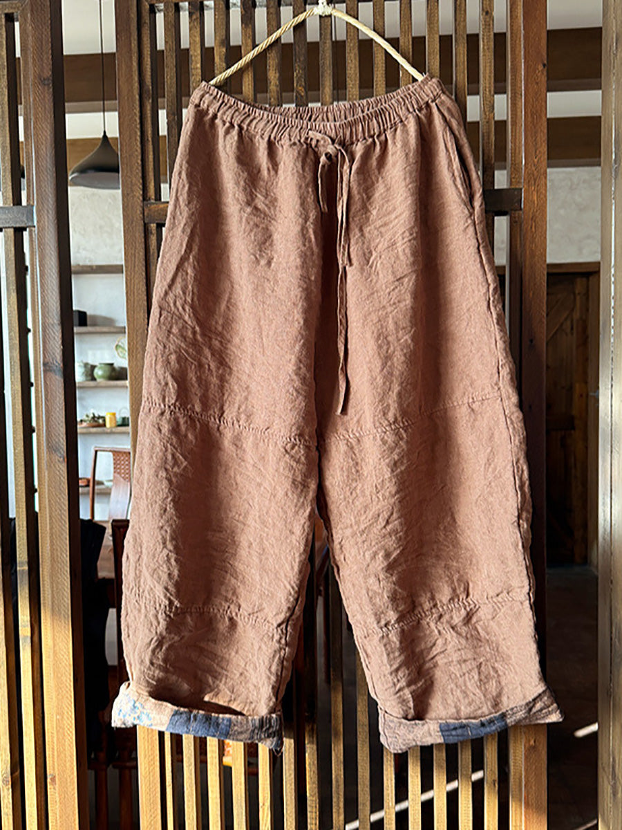 Women Vintage Spring Pure Color Wide-leg Linen Pants