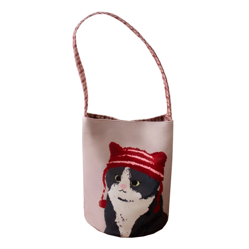 Women's Small Polyester Cat Streetwear Sewing Thread Cylindrical Hidden Buckle Handbag