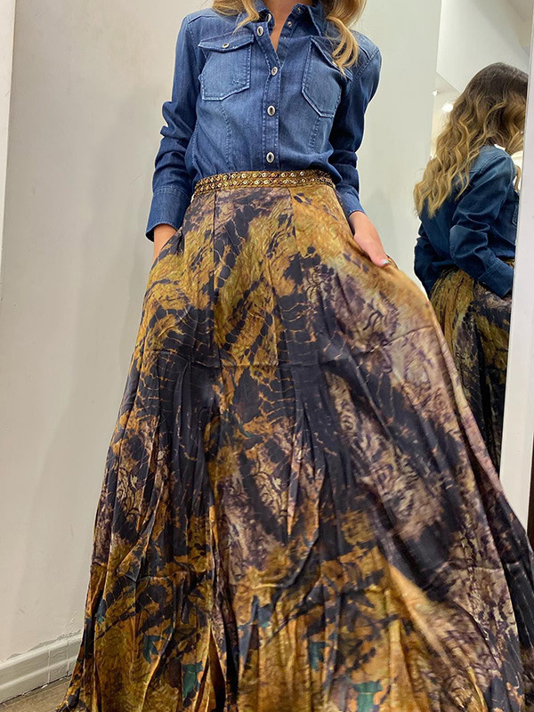 Loose Wrap Contrast Color Flower Print Skirts Bottoms