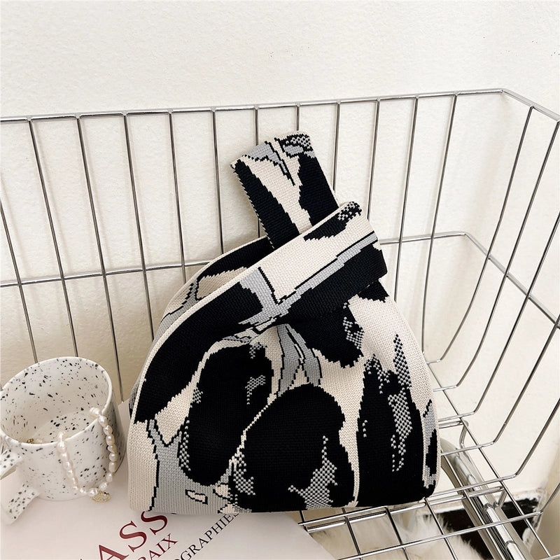Women's Small Knit Houndstooth Stripe Butterfly Classic Style Square Open Handbag