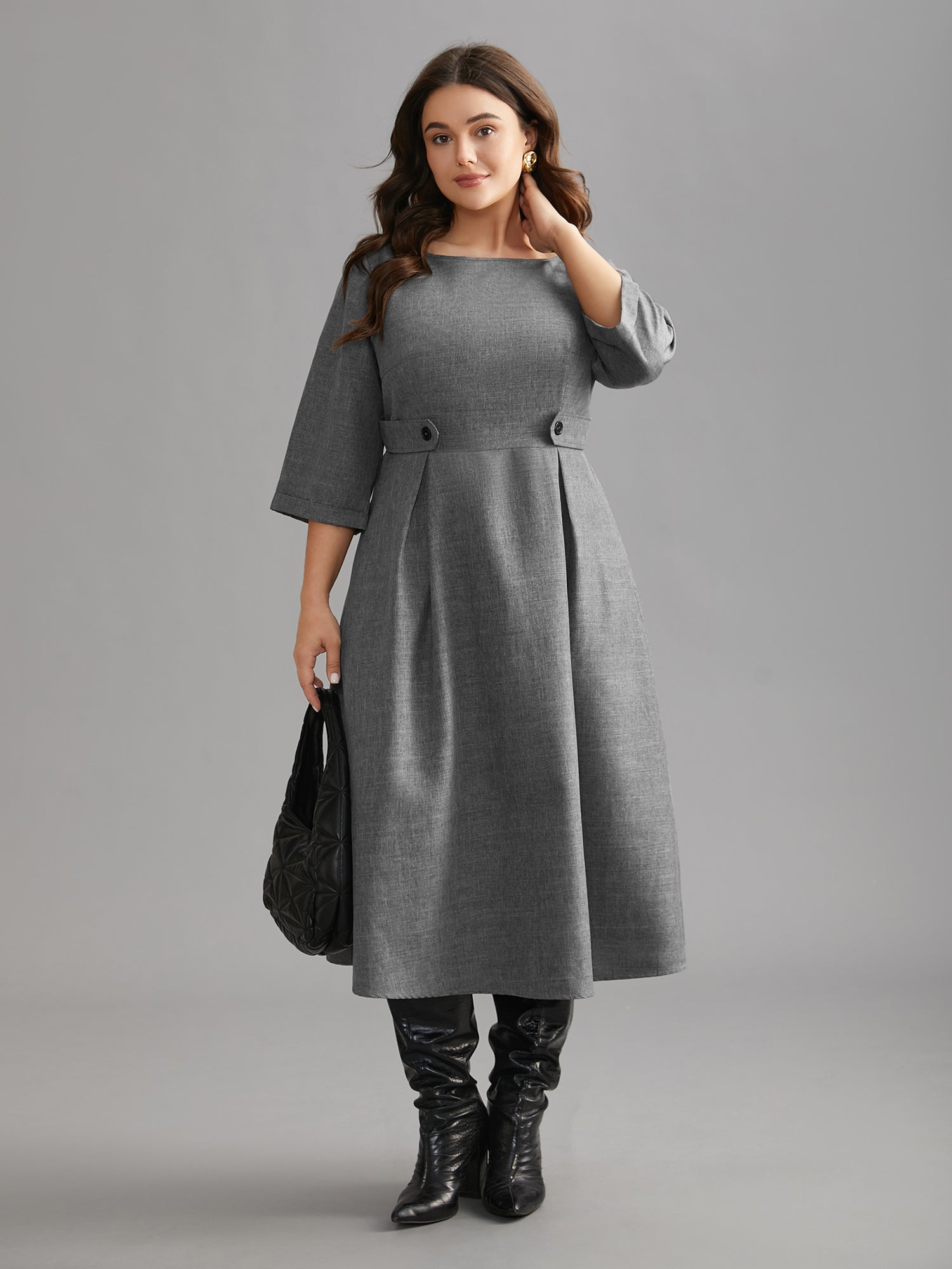 Buckled Waist Loops Pleated Midi Dress