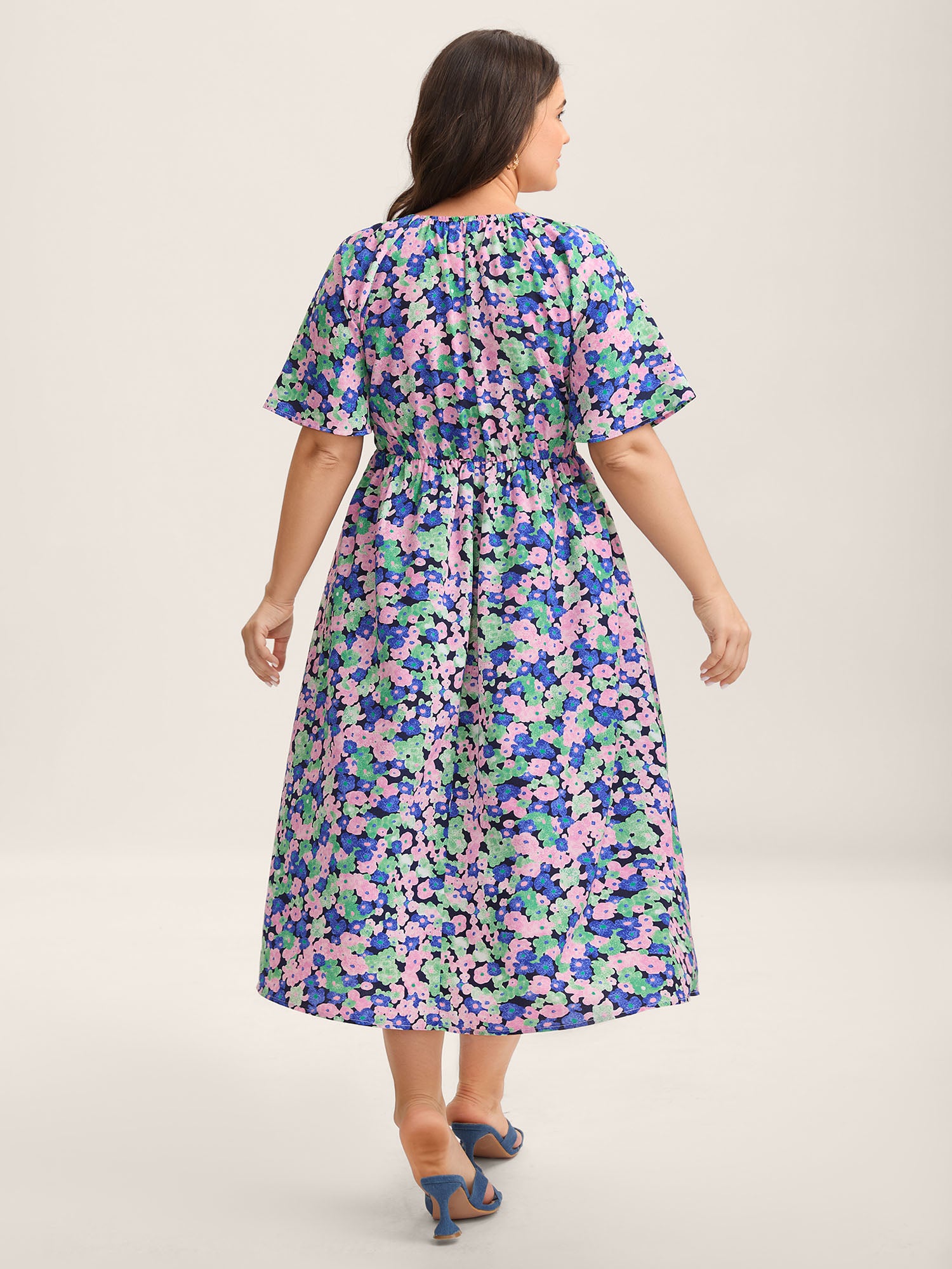 Floral Print Shirred Waist Midi Dress