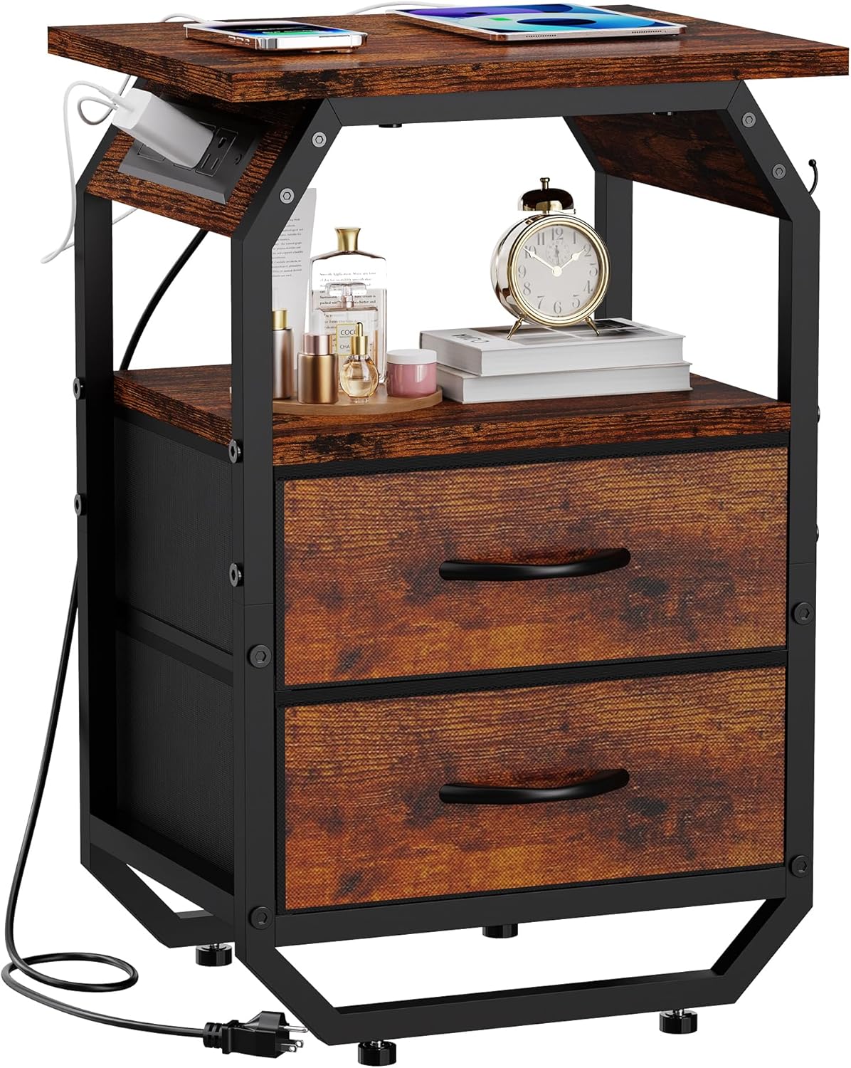 Bedside Table Nightstand with Charging Station