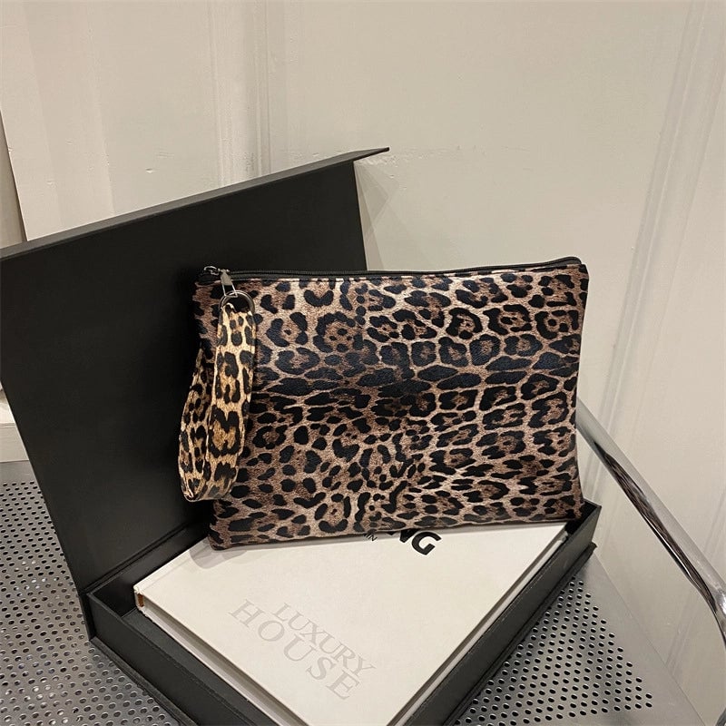 Black Coffee Brown Pu Leather Leopard Square Clutches