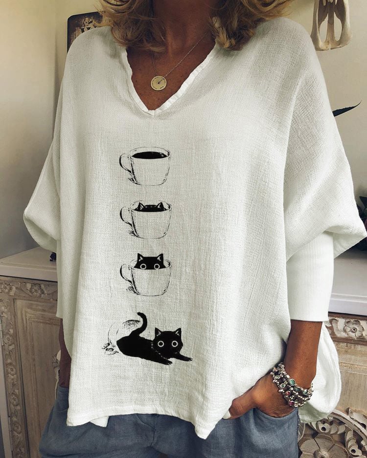 Women's Cute Black Cat Print V-Neck Top