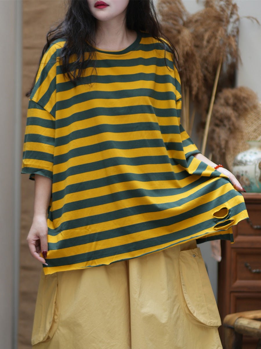 Women Summer Casual Stripe Cotton O-Neck Shirt