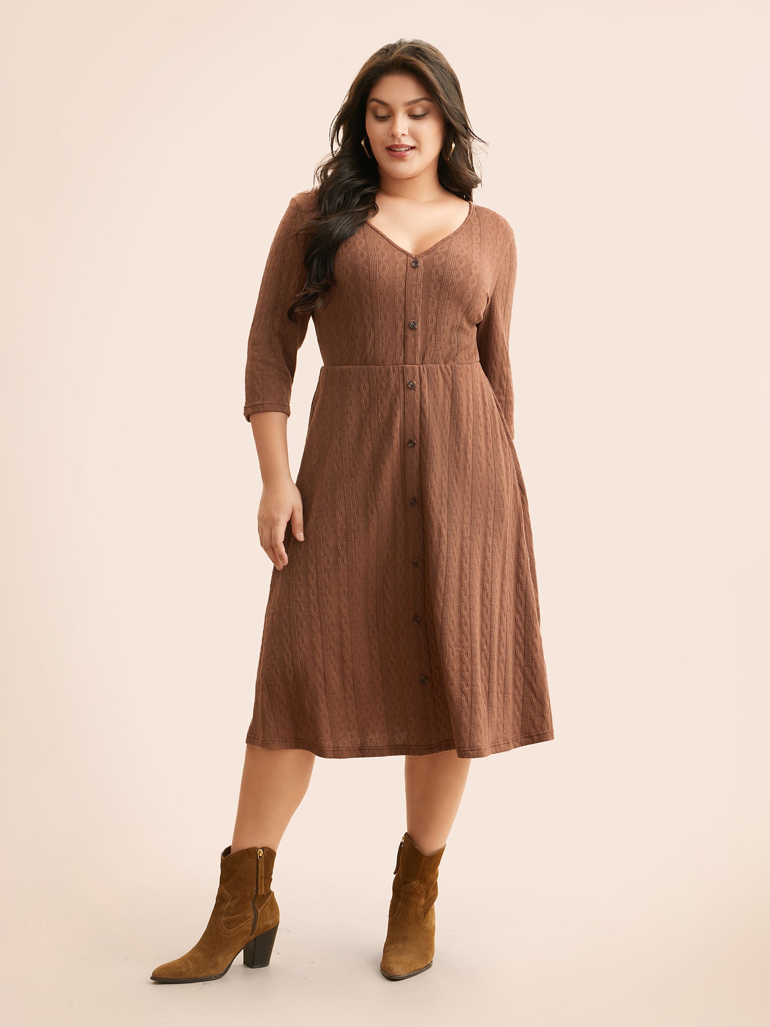 Plain Textured Button Detail Midi Dress