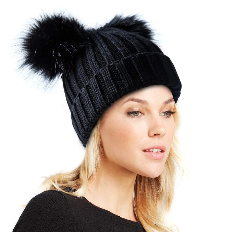 New Wool Hat Ladies Parent-child Detachable Double Fur Ball Fur Ear Protection Warm Knitted Hat