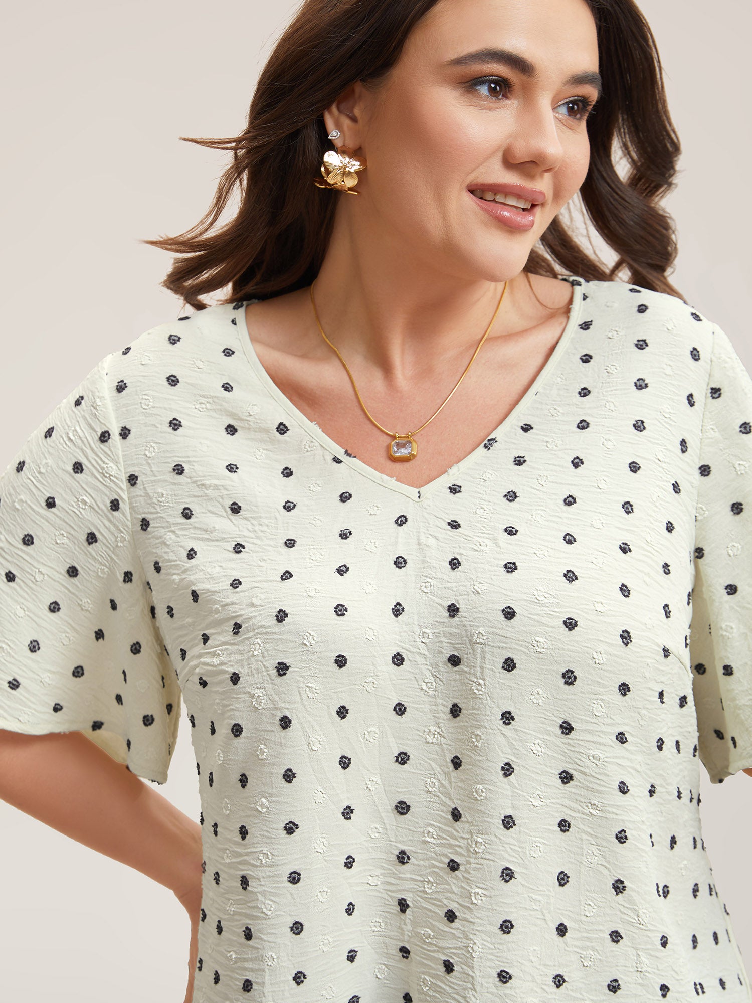 Textured Polka Dot Print Flared Sleeve Shirt