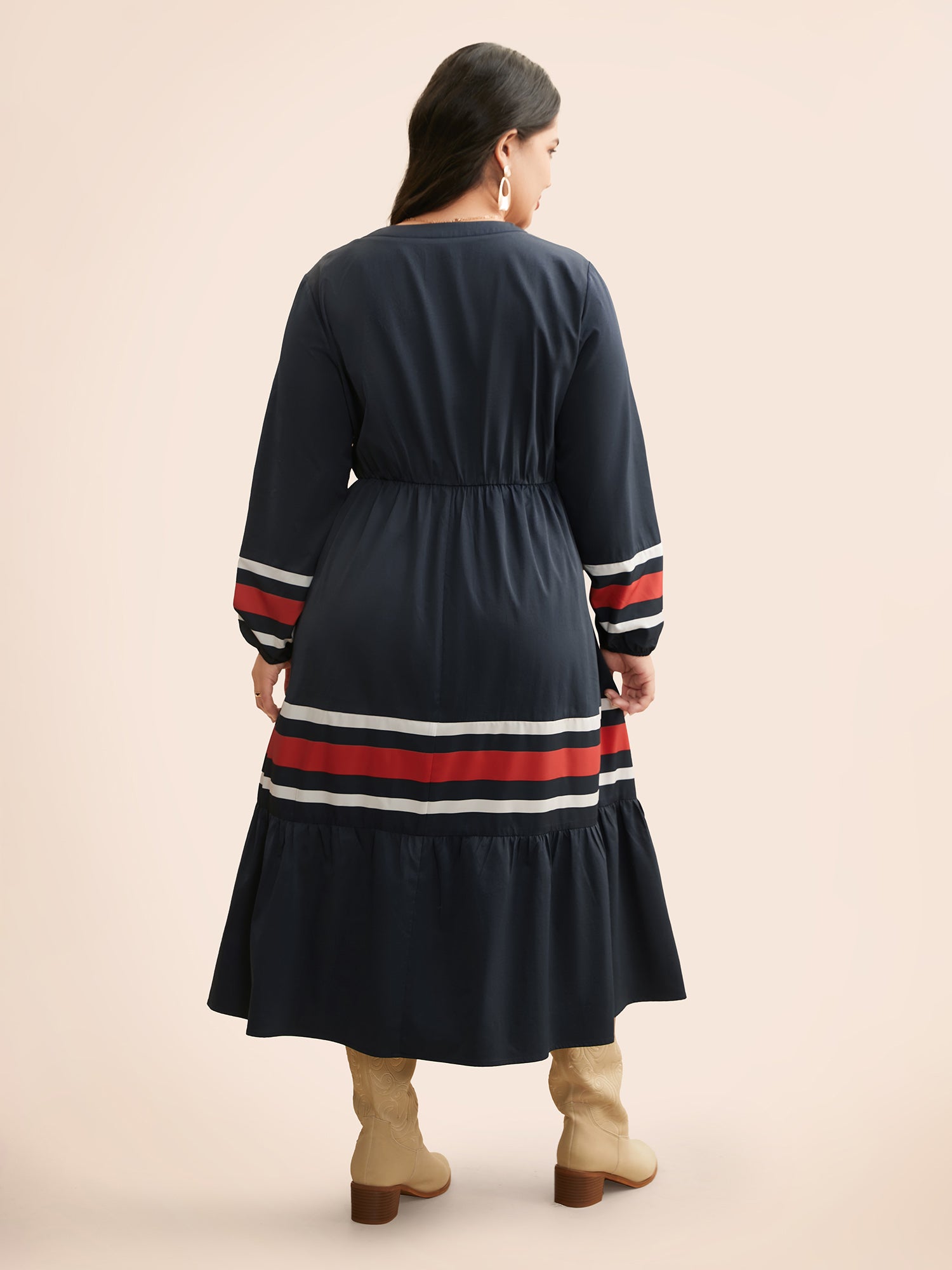 Contrast Striped Notched Ruffle Hem Dress