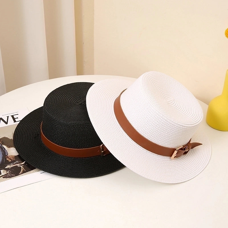 Women's Pastoral Solid Color Belt Buckle Wide Eaves Straw Hat