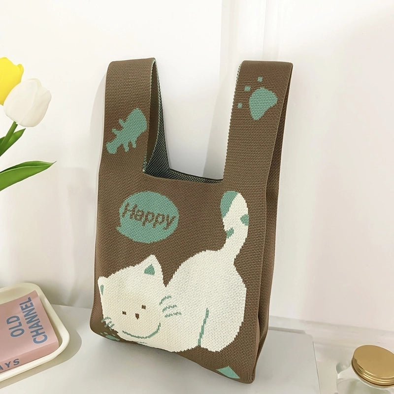 Women's Medium Polyester Cat Cute Basic Open Bucket Bag
