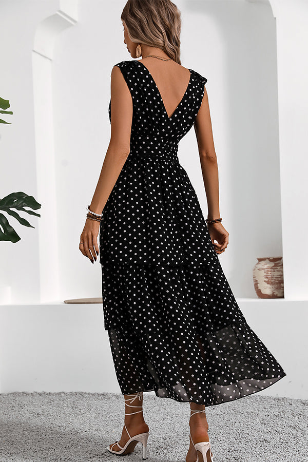 Fashion Polka Dots Print V Neck Maxi Dress