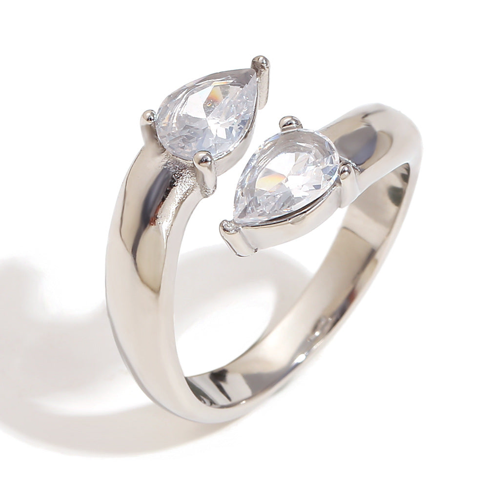 Niche Design White Diamond Flower Hand-Decorated Stainless Steel 18K Gold-Plated Conch Double-Layer Knotted Ring