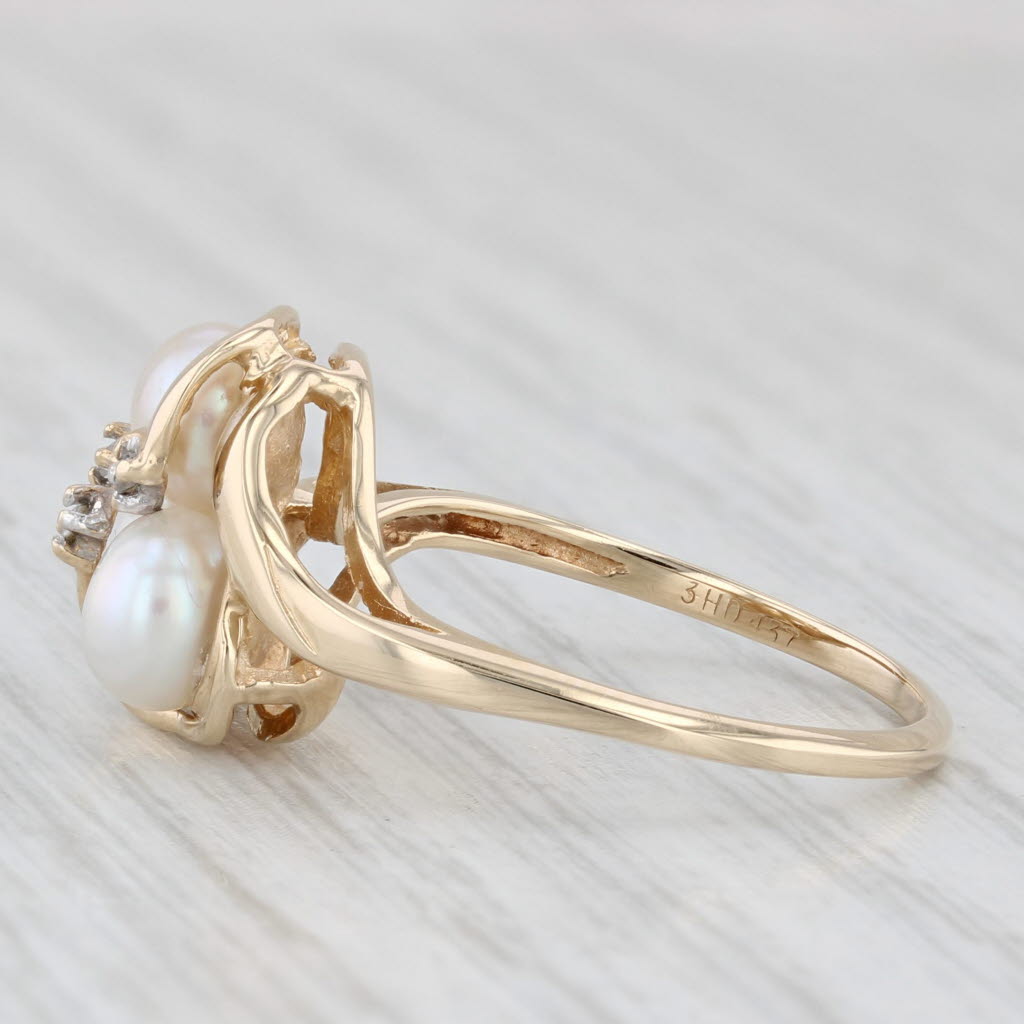 Cultured Pearl 3-Stone Diamond Ring 10k Yellow Gold Size 7.5