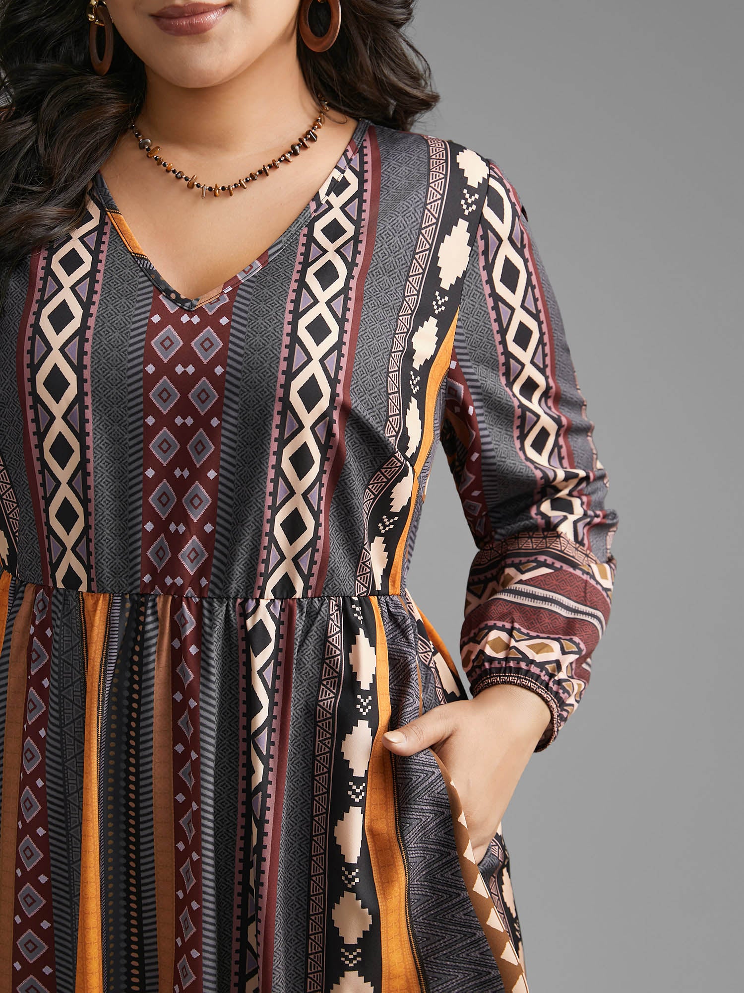 Bandana Striped Lantern Sleeve Midi Dress